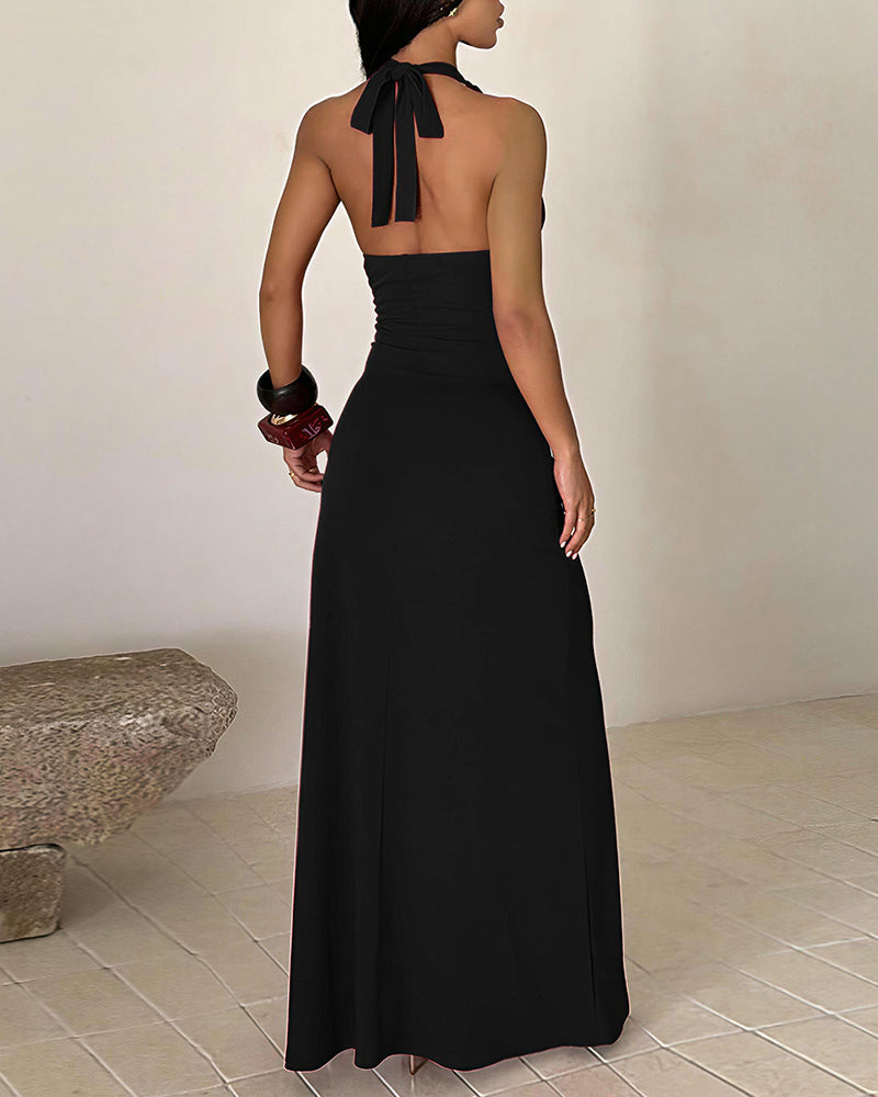 Willluxe® Halter Neck Ruched High Slit Maxi Dress