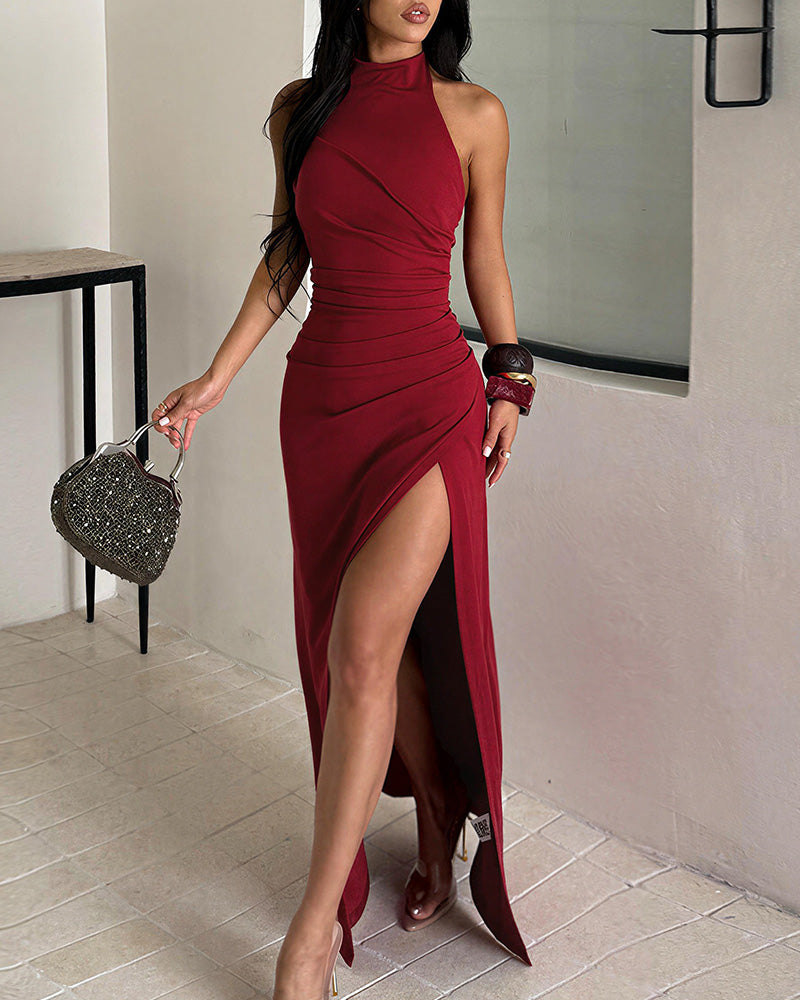 Willluxe® Halter Neck Ruched High Slit Maxi Dress