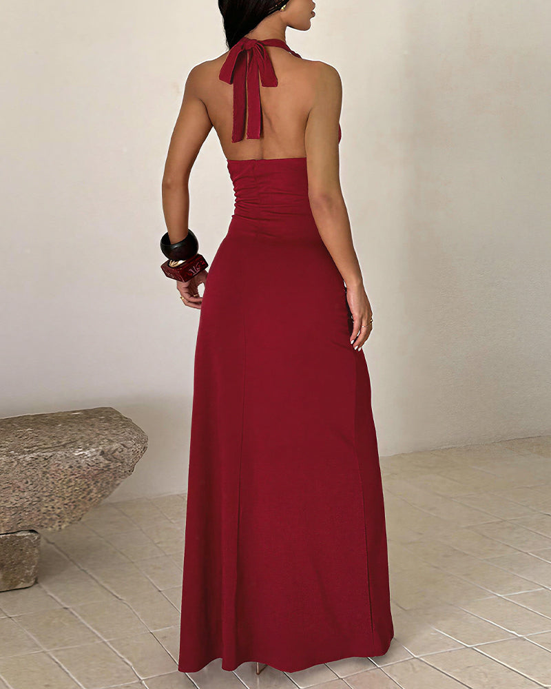 Willluxe® Halter Neck Ruched High Slit Maxi Dress