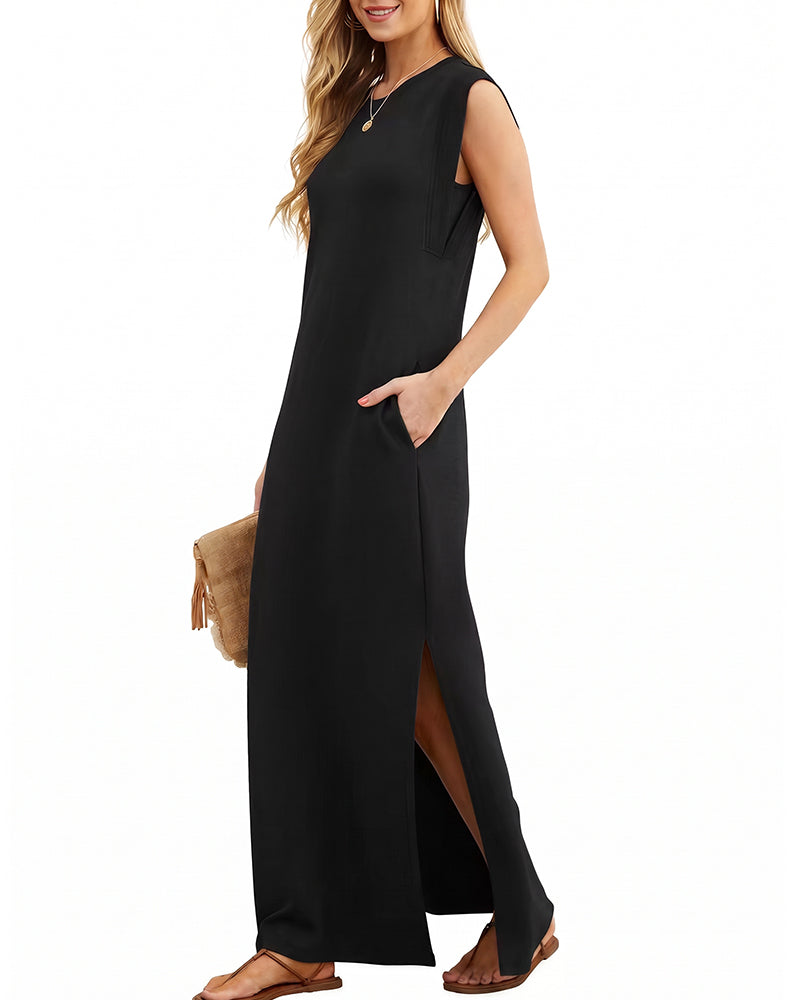 Willluxe® Casual Sleeveless Split Maxi Dress With Pockets