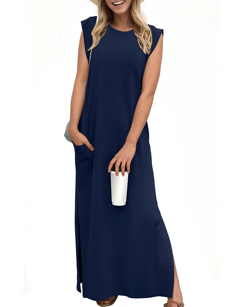 Willluxe® Casual Sleeveless Split Maxi Dress With Pockets