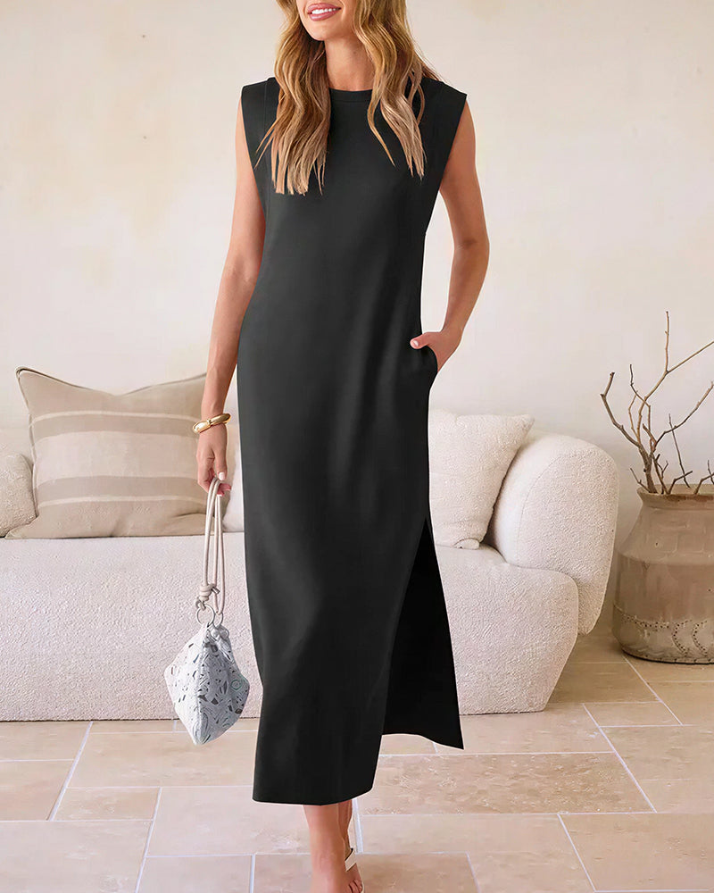 Willluxe® Casual Sleeveless Split Maxi Dress With Pockets