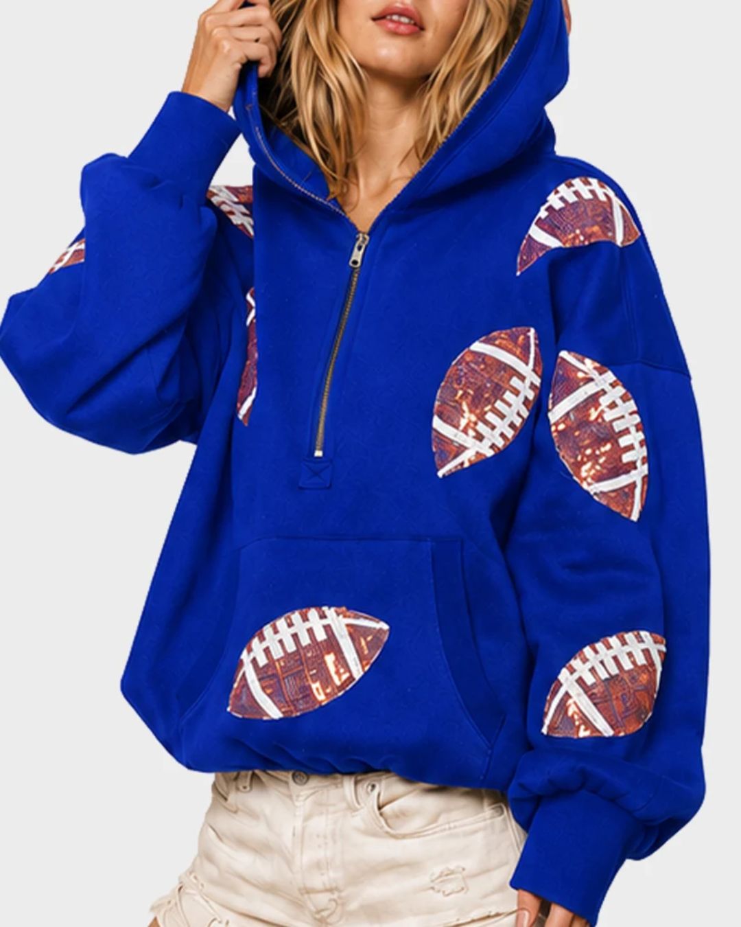 Willluxe® Oversized Sequin Football Half-Zip Hoodie