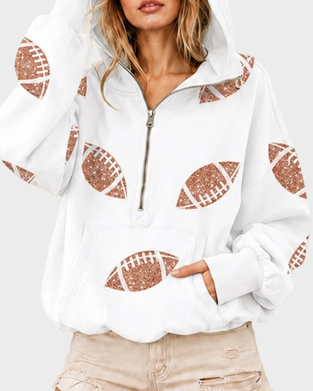 Willluxe® Oversized Sequin Football Half-Zip Hoodie