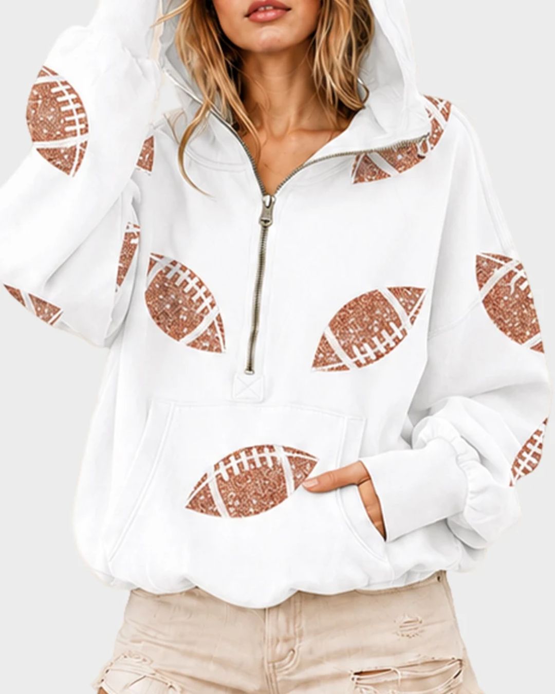 Willluxe® Oversized Sequin Football Half-Zip Hoodie