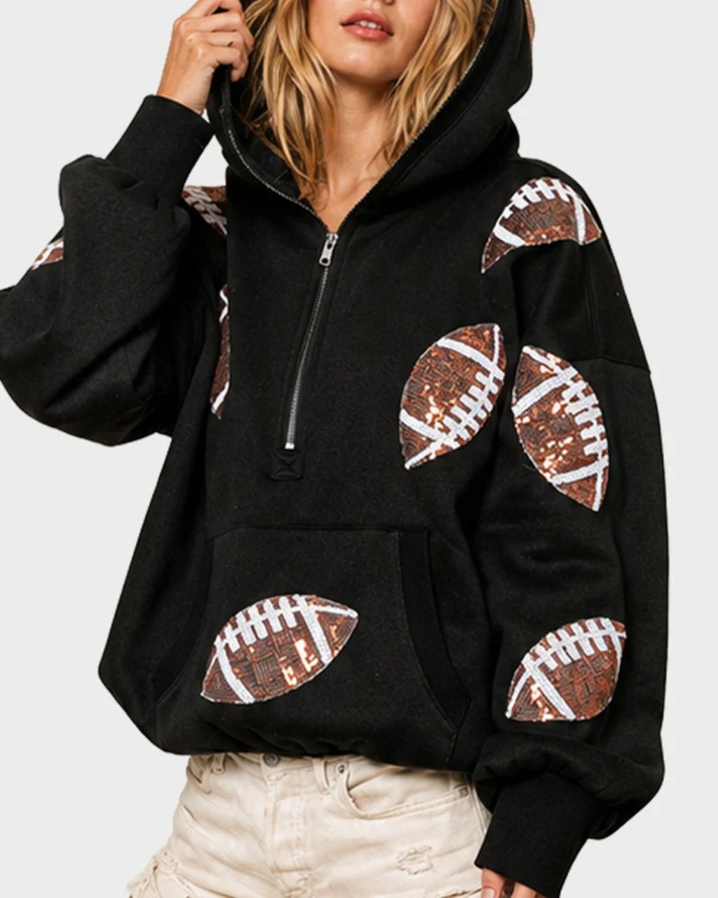 Willluxe® Oversized Sequin Football Half-Zip Hoodie