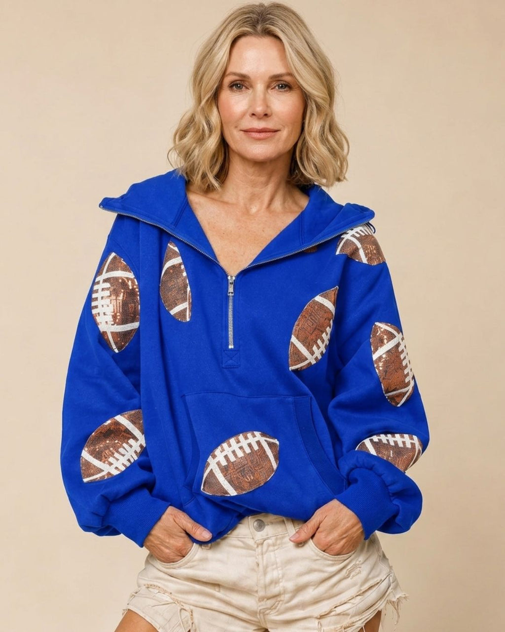 Willluxe® Oversized Sequin Football Half-Zip Hoodie