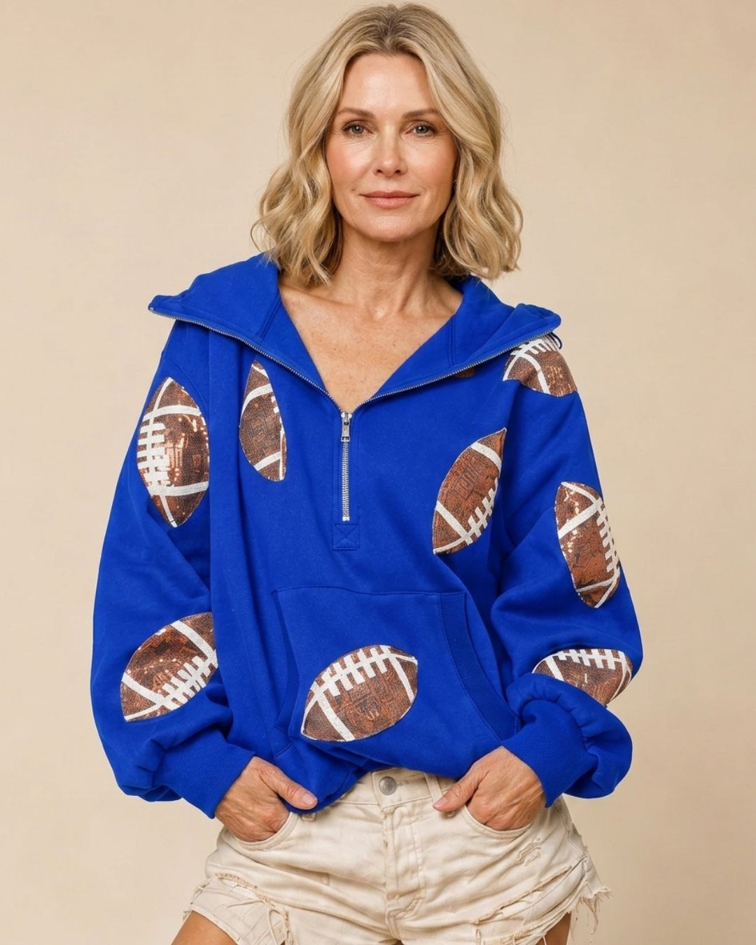 Willluxe® Oversized Sequin Football Half-Zip Hoodie