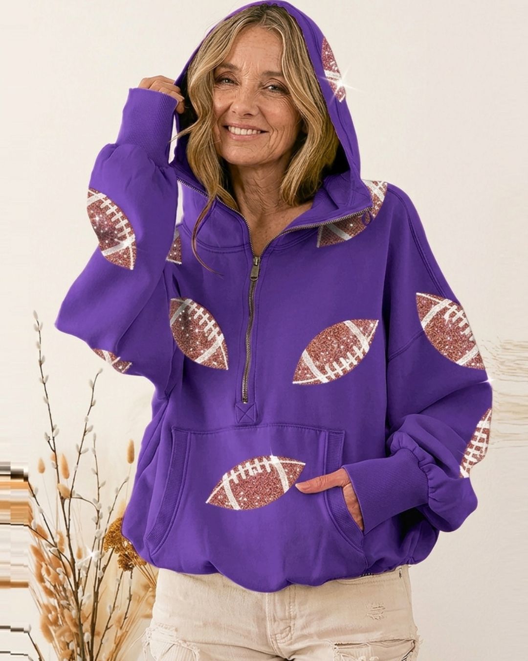 Willluxe® Oversized Sequin Football Half-Zip Hoodie