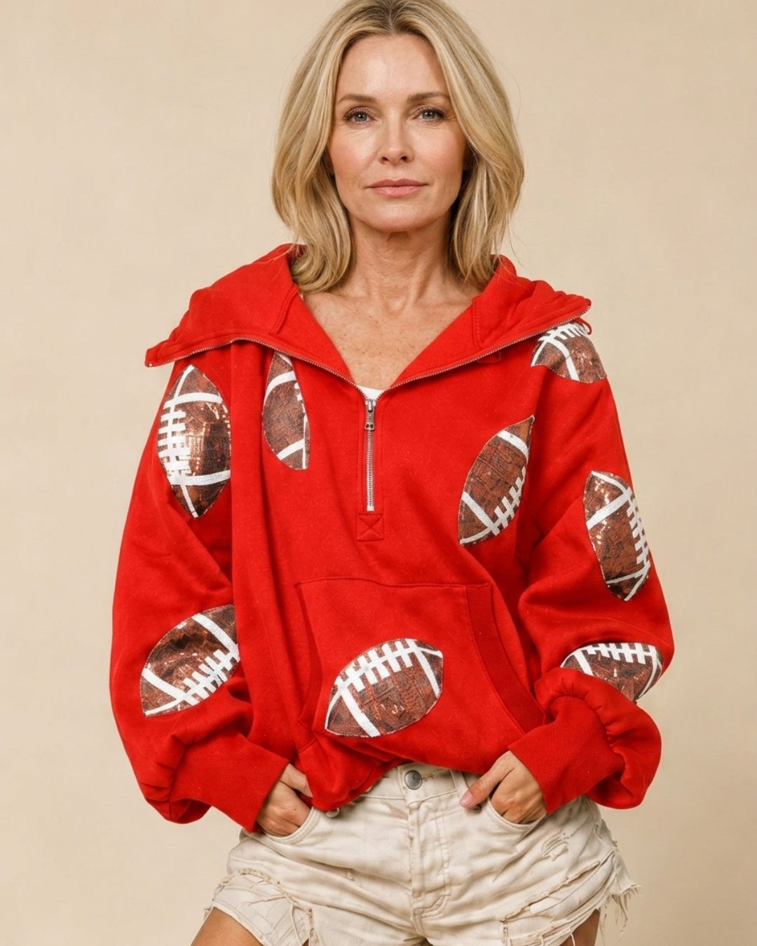 Willluxe® Oversized Sequin Football Half-Zip Hoodie
