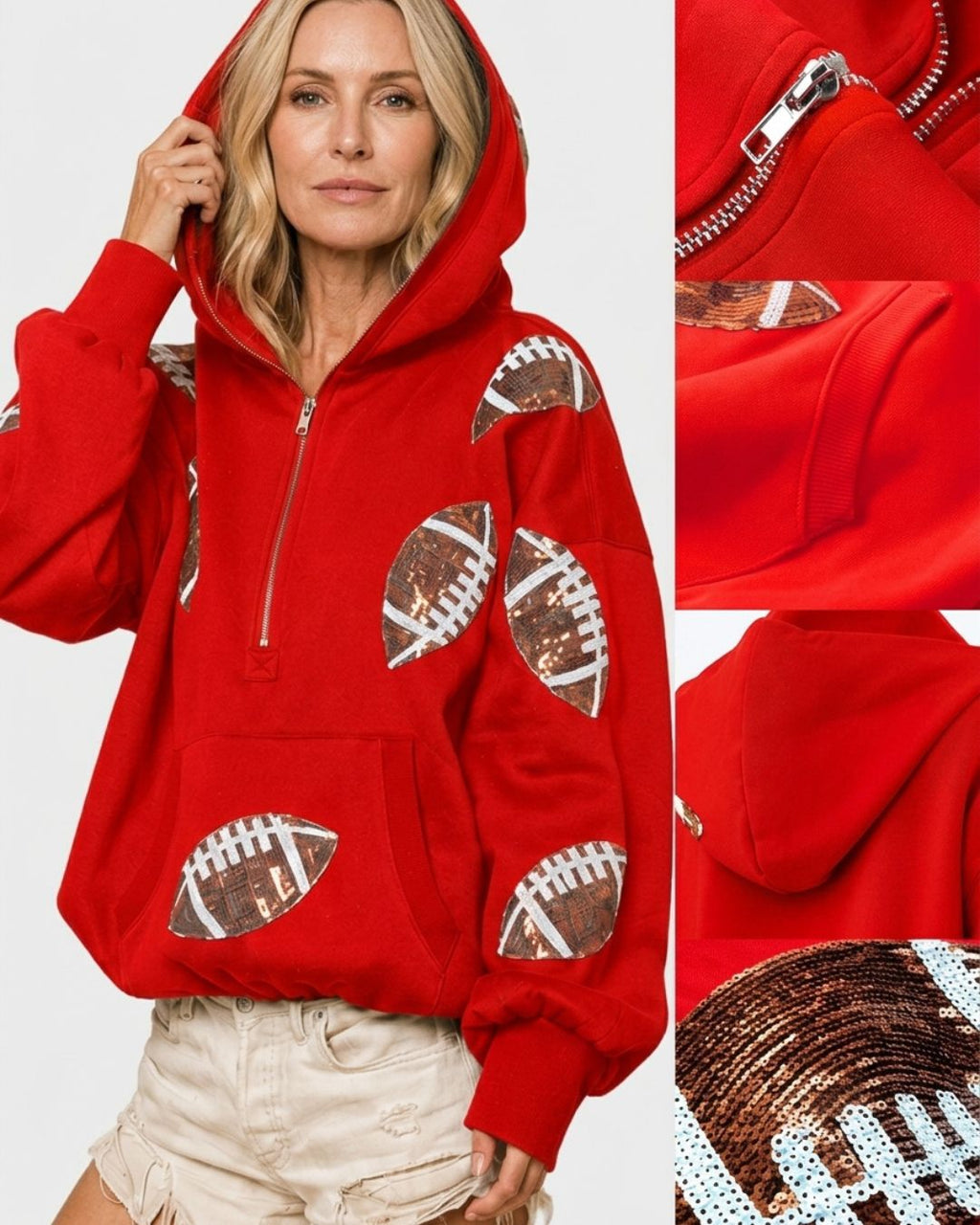 Willluxe® Oversized Sequin Football Half-Zip Hoodie