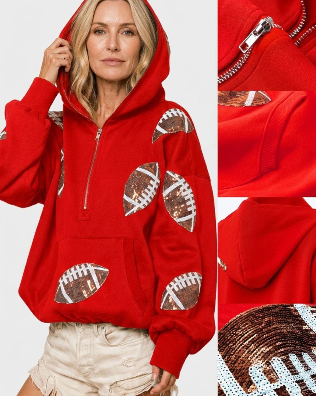 Willluxe® Oversized Sequin Football Half-Zip Hoodie
