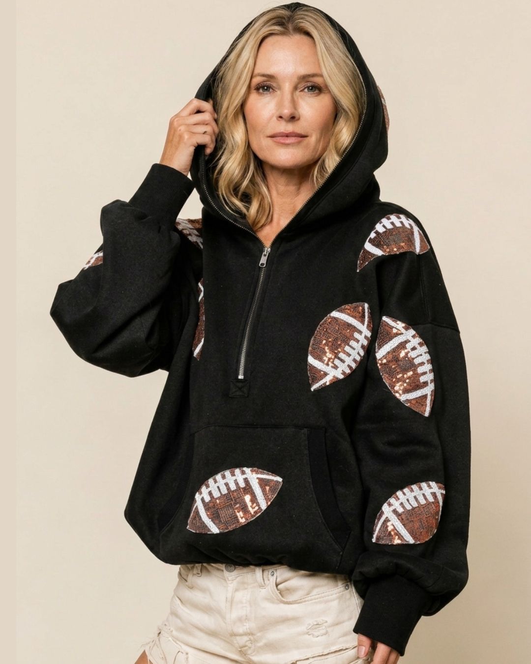 Willluxe® Oversized Sequin Football Half-Zip Hoodie
