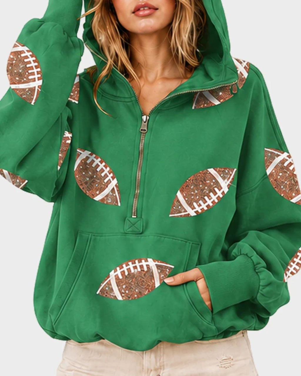 Willluxe® Oversized Sequin Football Half-Zip Hoodie