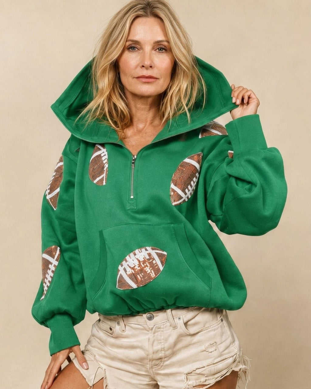 Willluxe® Oversized Sequin Football Half-Zip Hoodie