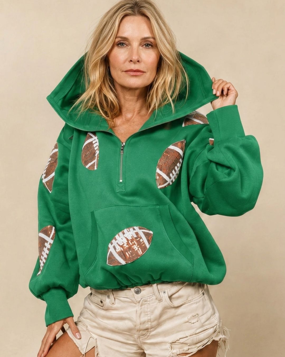 Willluxe® Oversized Sequin Football Half-Zip Hoodie
