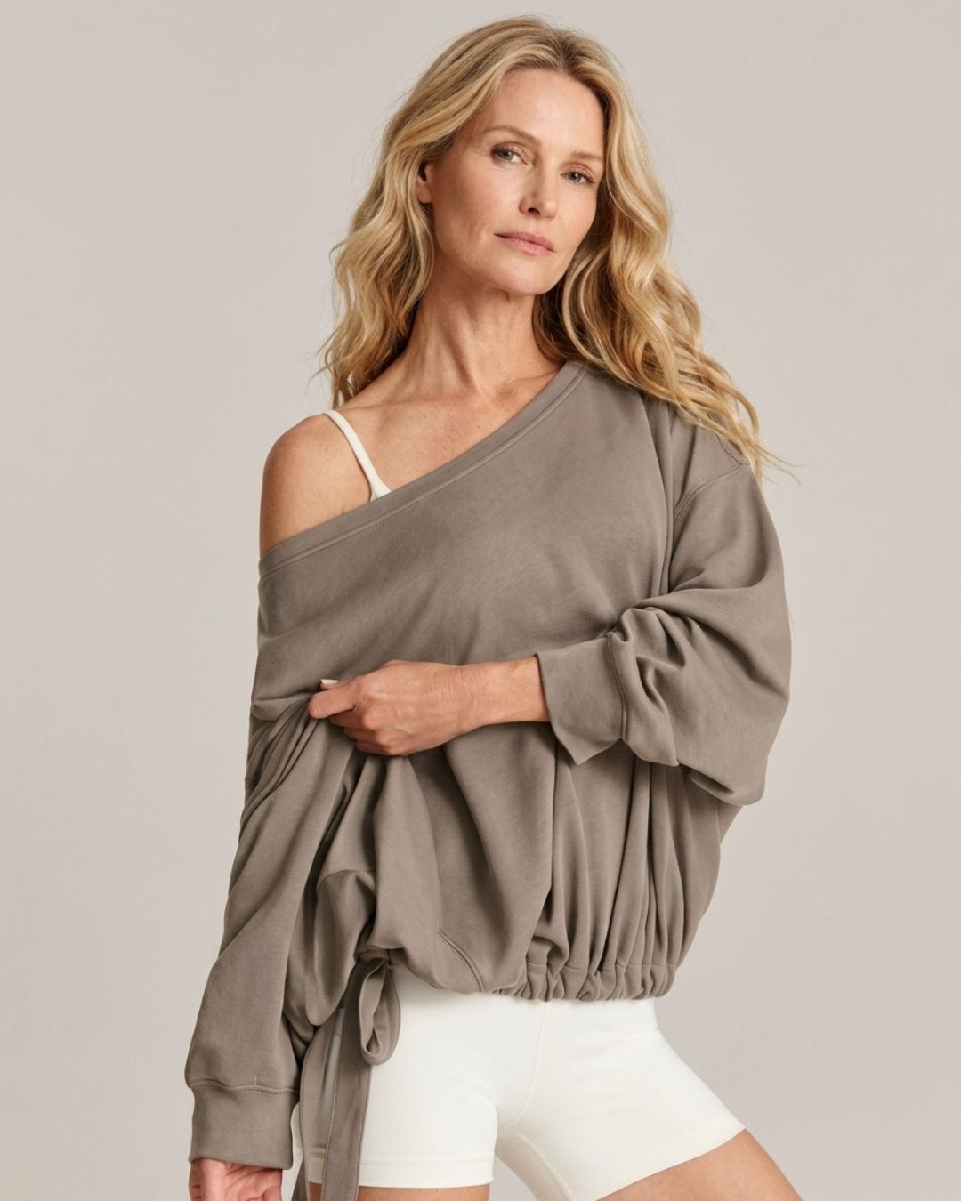 Willluxe® One-Shoulder Drawstring Hem Sweatshirt