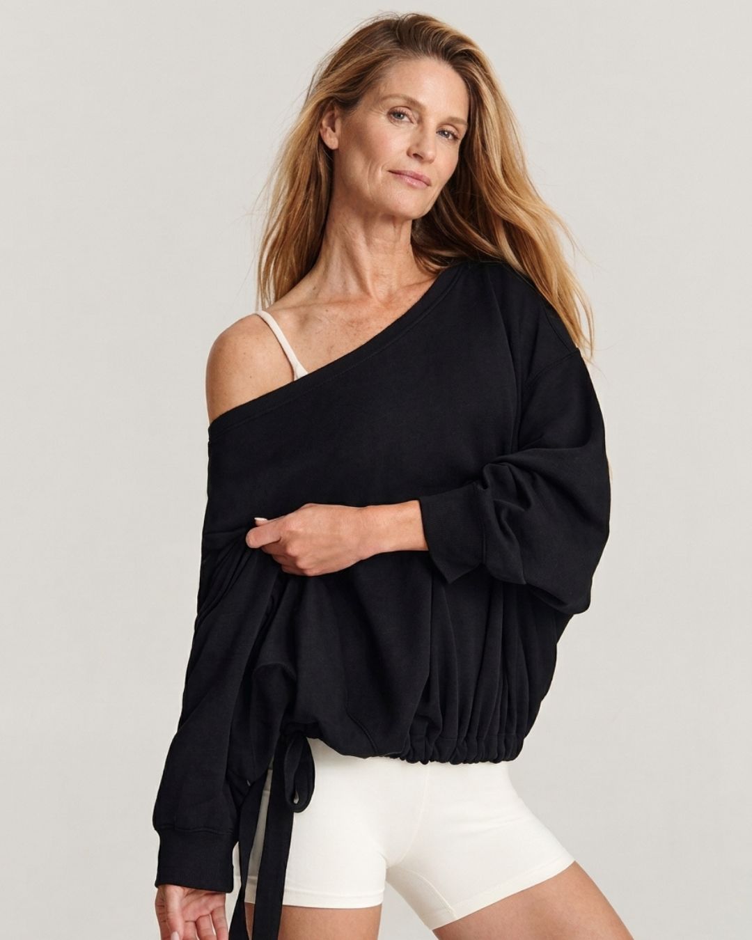 Willluxe® One-Shoulder Drawstring Hem Sweatshirt