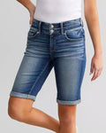 Willluxe® Stretch Washed Double-Button Closure Long Shorts