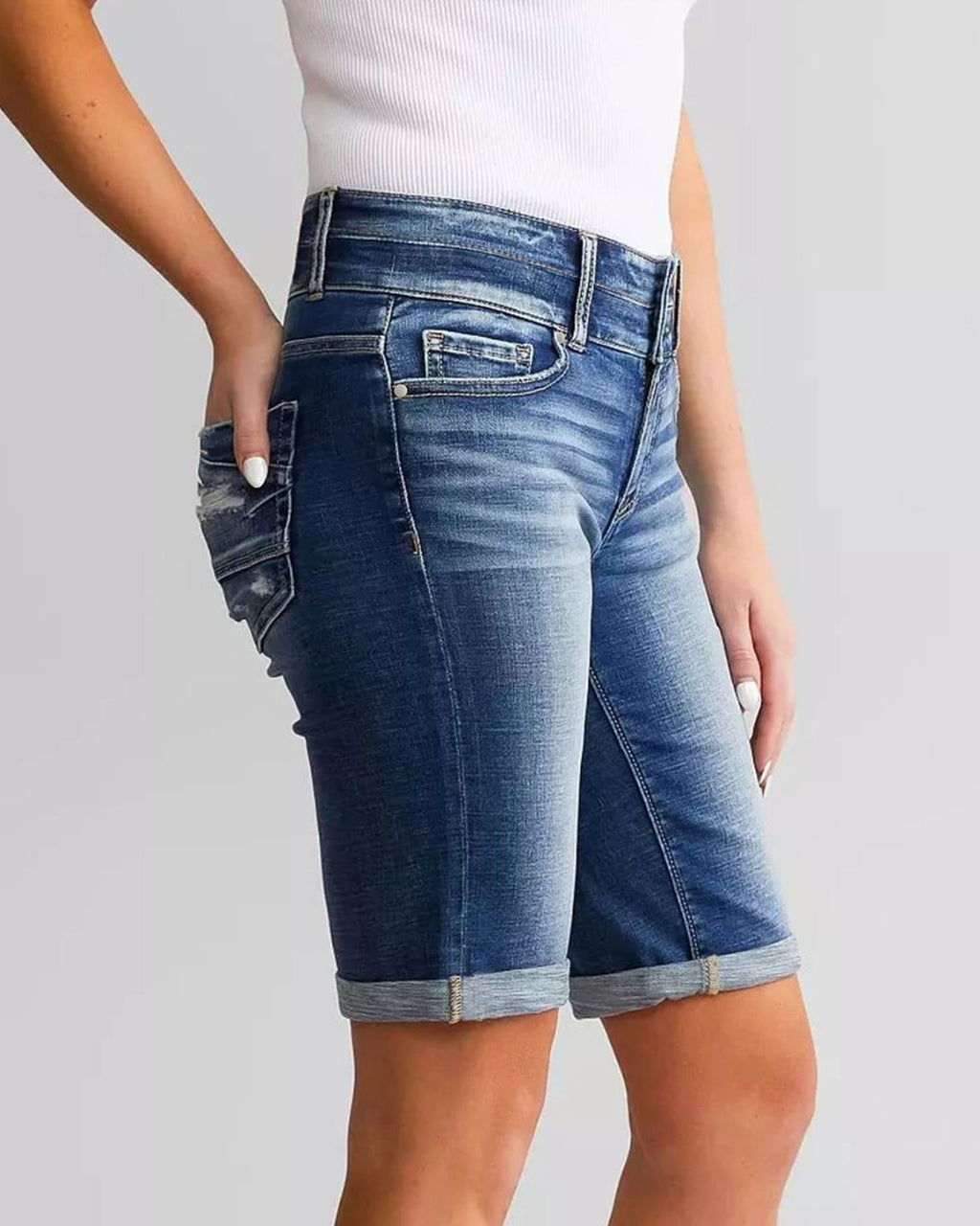 Willluxe® Stretch Washed Double-Button Closure Long Shorts