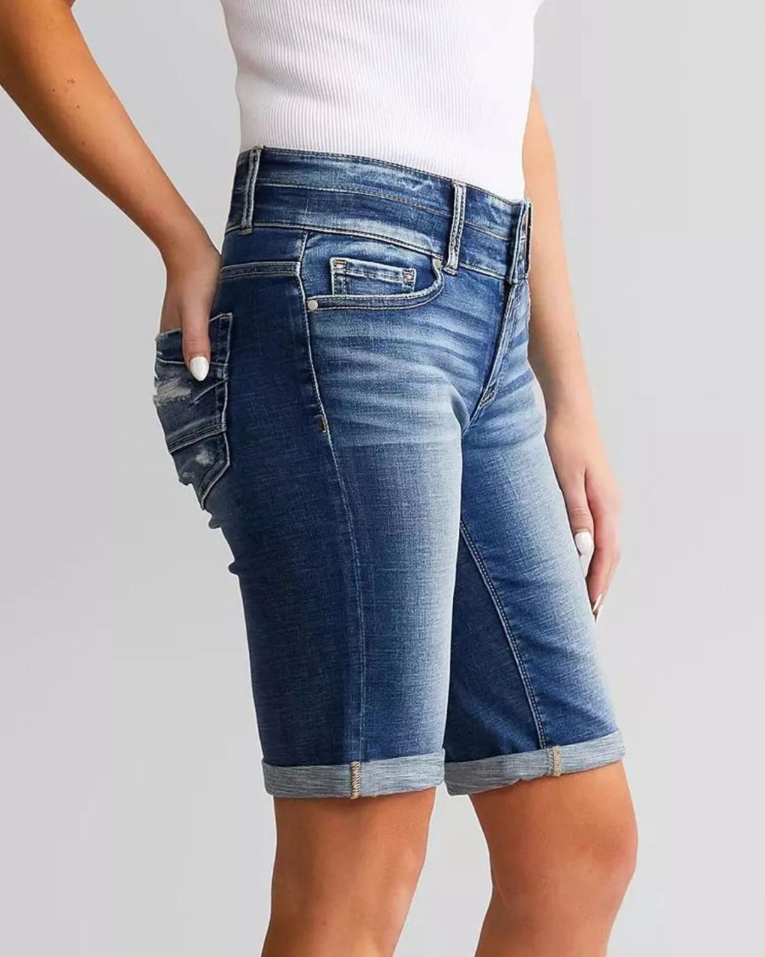 Willluxe® Stretch Washed Double-Button Closure Long Shorts