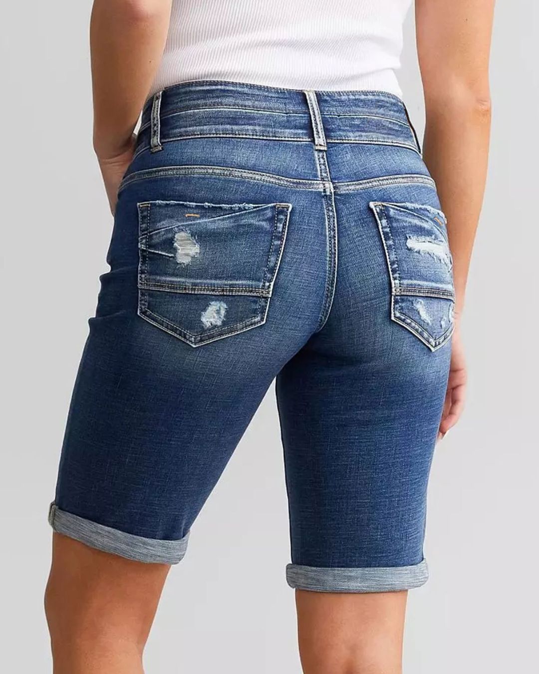 Willluxe® Stretch Washed Double-Button Closure Long Shorts