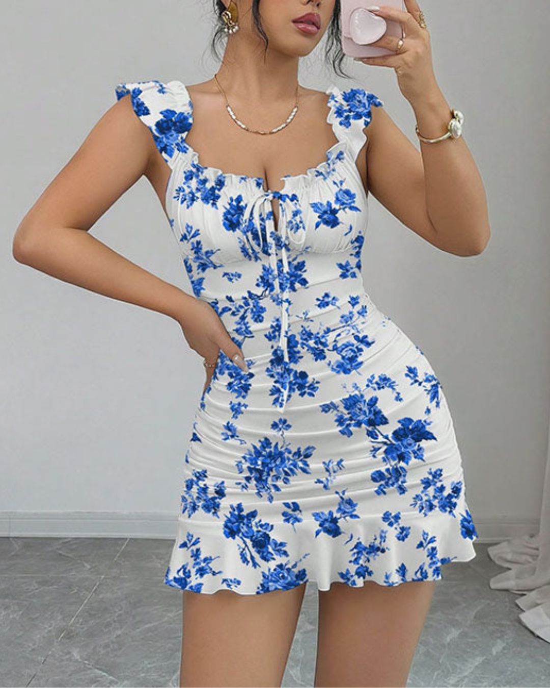 Willluxe® Front-Lace-Up Ruffled Waist-Cinched Slim-Fit Dress