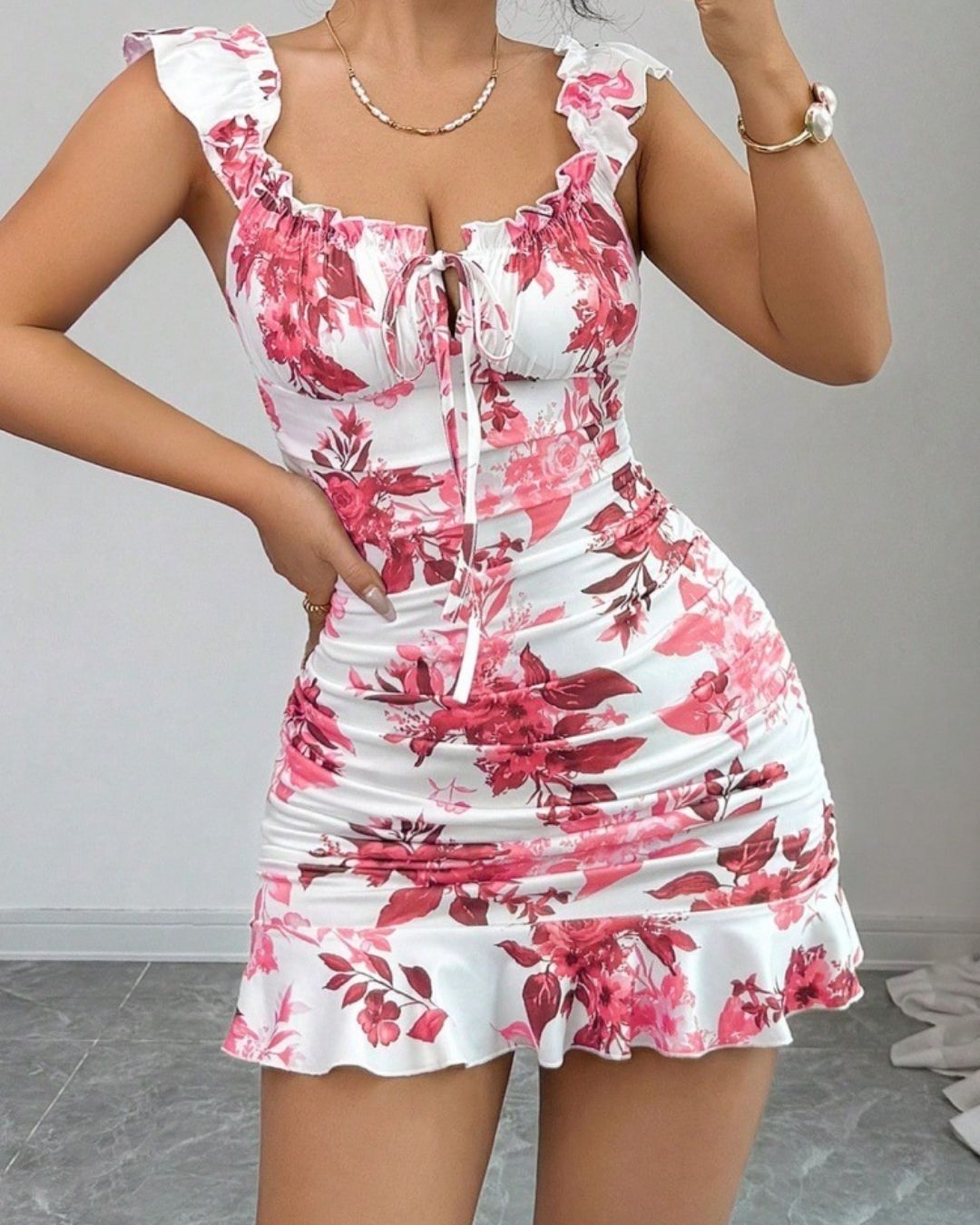 Willluxe® Front-Lace-Up Ruffled Waist-Cinched Slim-Fit Dress