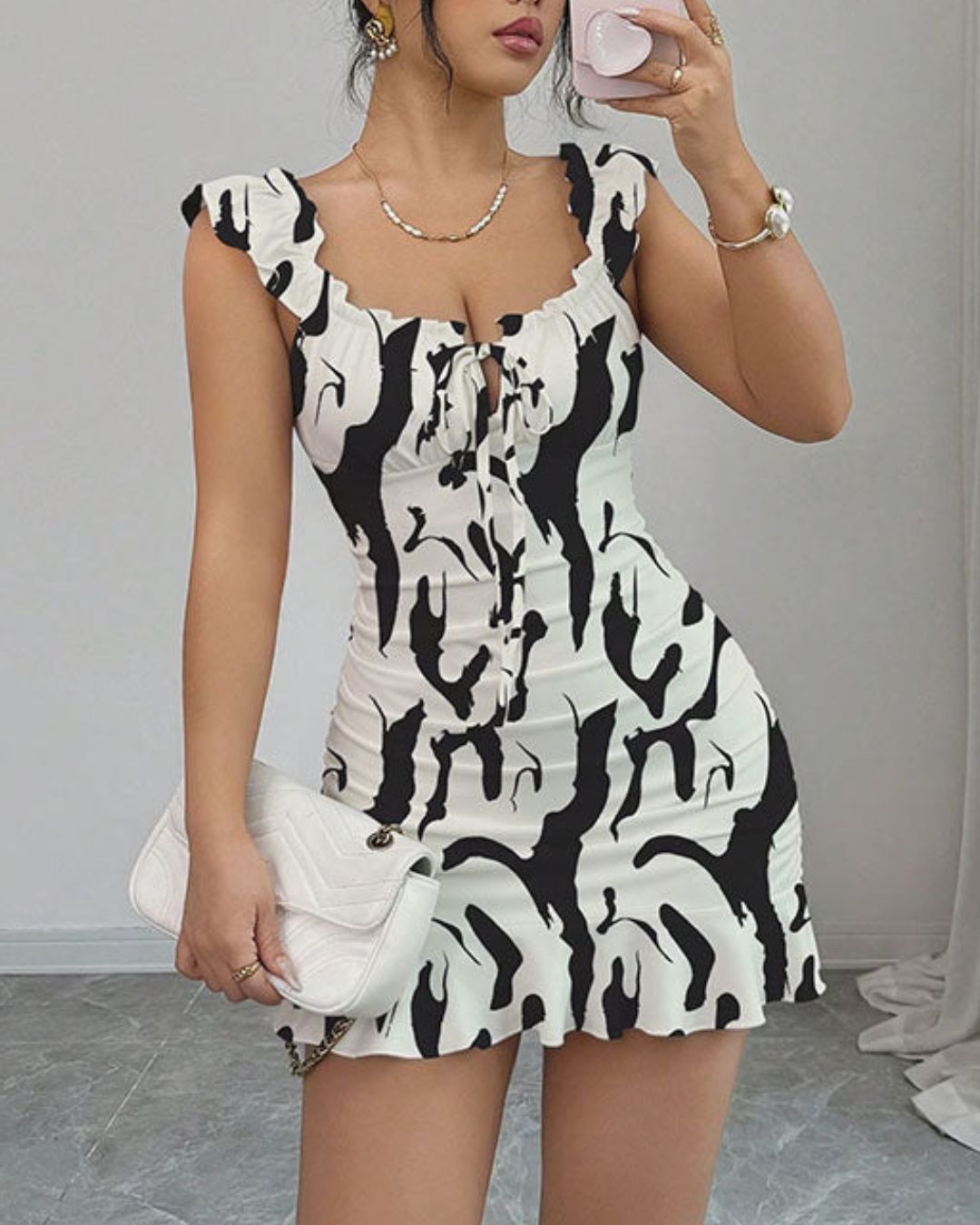 Willluxe® Front-Lace-Up Ruffled Waist-Cinched Slim-Fit Dress