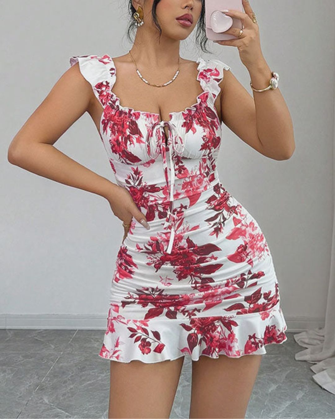 Willluxe® Front-Lace-Up Ruffled Waist-Cinched Slim-Fit Dress