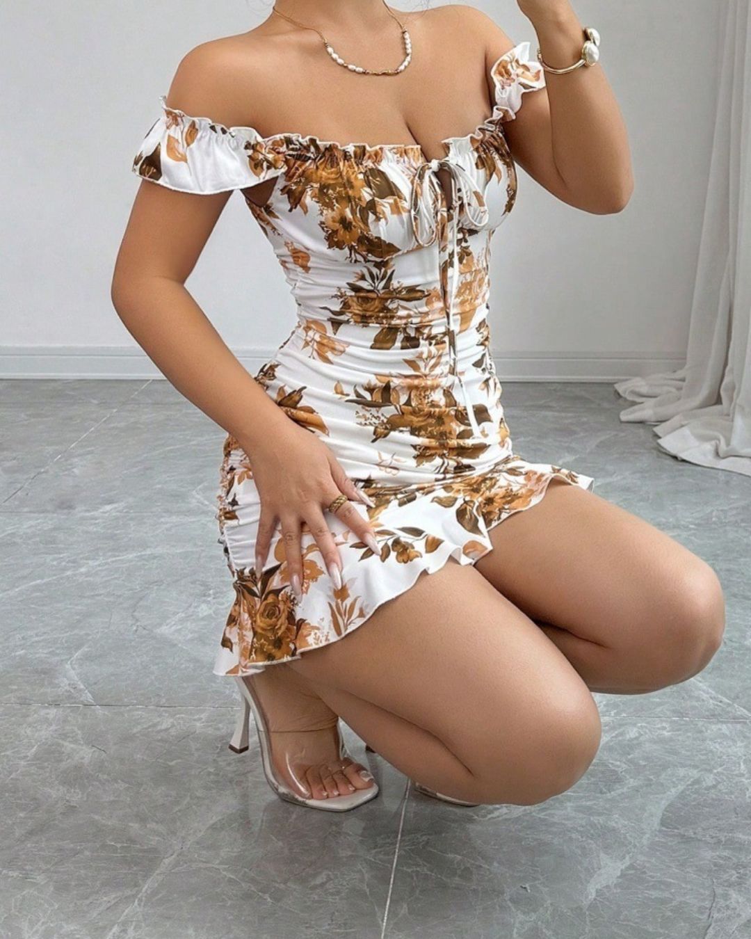 Willluxe® Front-Lace-Up Ruffled Waist-Cinched Slim-Fit Dress