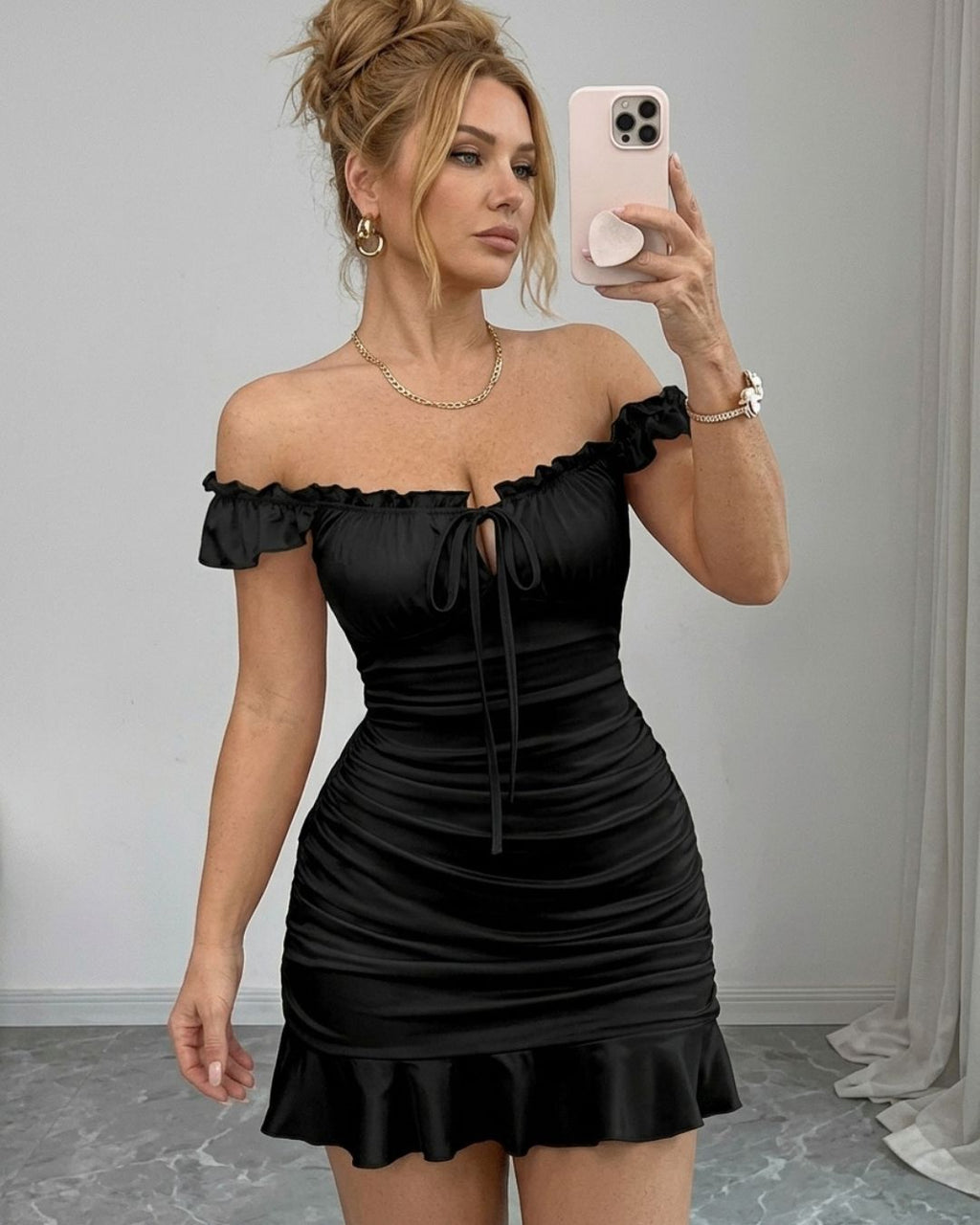 Willluxe® Front-Lace-Up Ruffled Waist-Cinched Slim-Fit Dress