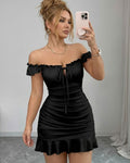 Willluxe® Front-Lace-Up Ruffled Waist-Cinched Slim-Fit Dress