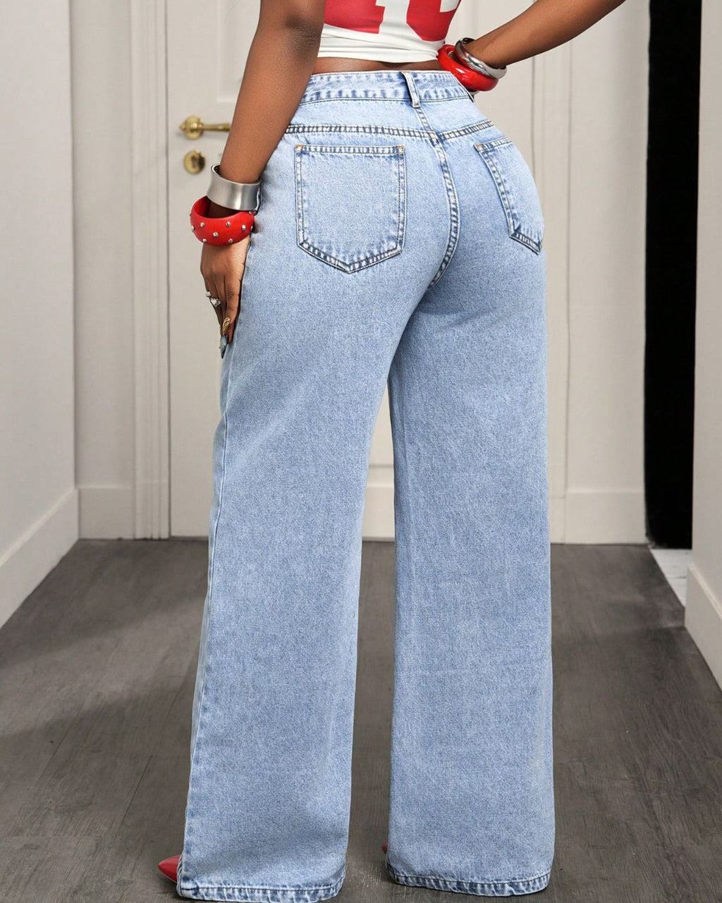 Willluxe® Button & Asymmetric Pocket Wide-Leg Jeans