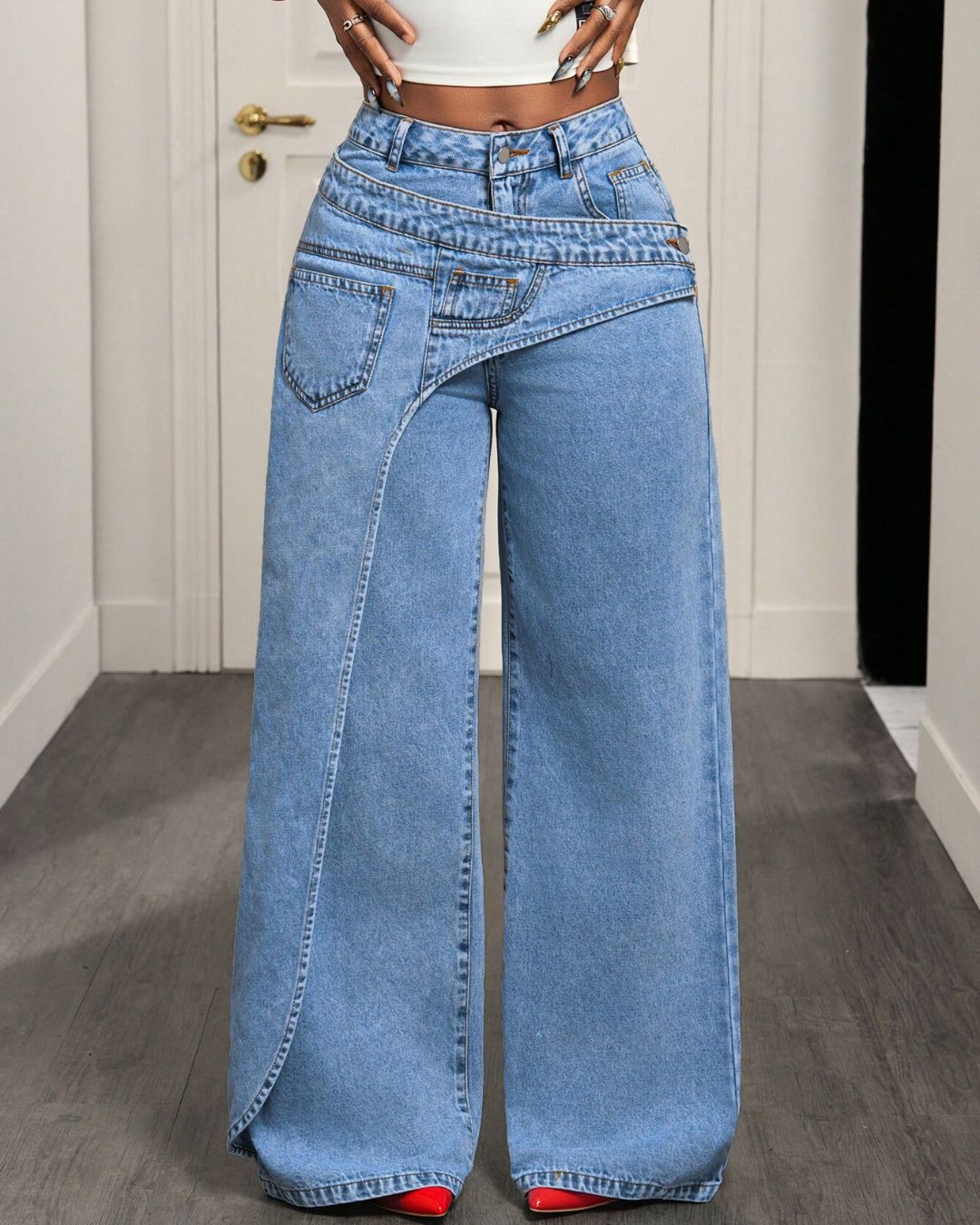 Willluxe® Button & Asymmetric Pocket Wide-Leg Jeans