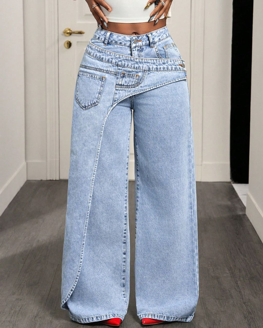 Willluxe® Button & Asymmetric Pocket Wide-Leg Jeans