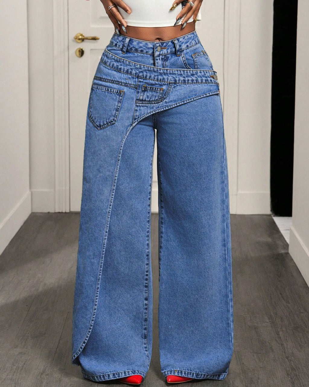 Willluxe® Button & Asymmetric Pocket Wide-Leg Jeans