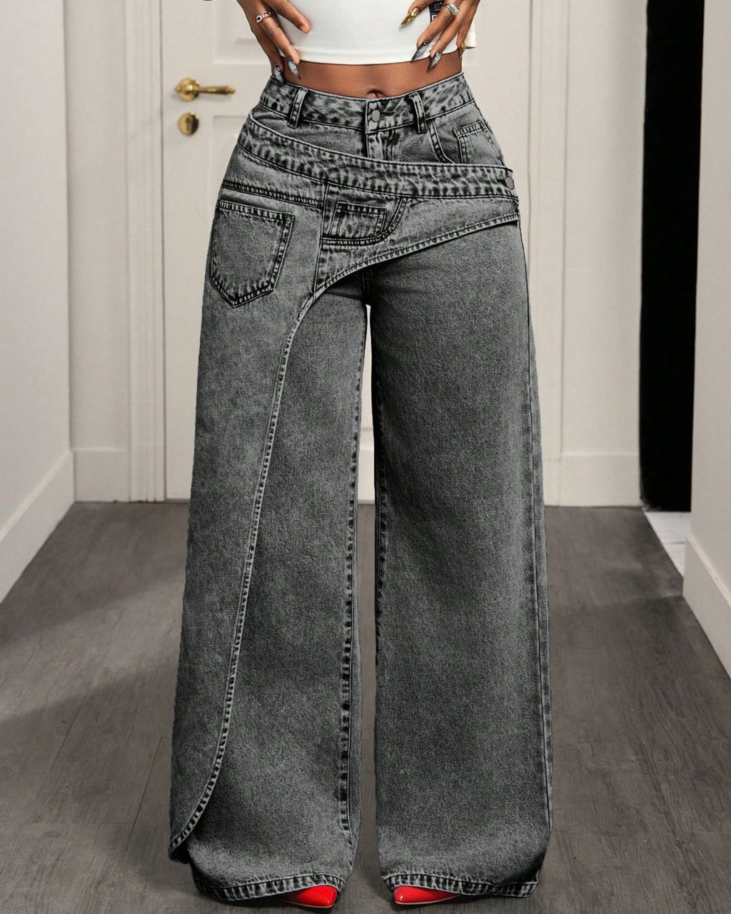 Willluxe® Button & Asymmetric Pocket Wide-Leg Jeans