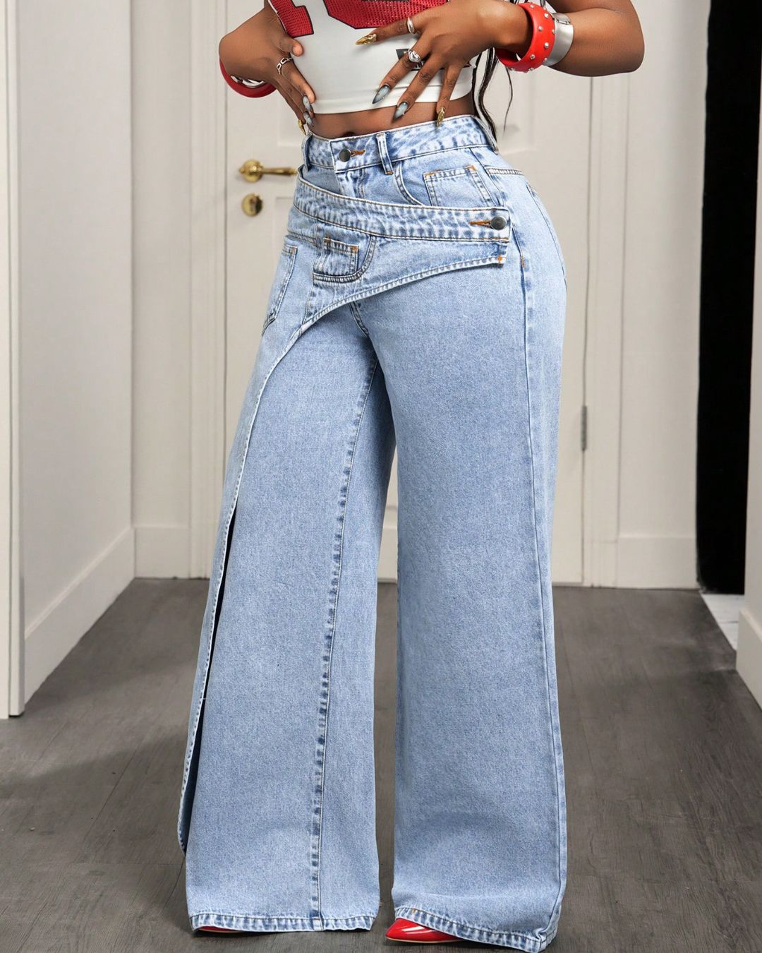 Willluxe® Button & Asymmetric Pocket Wide-Leg Jeans