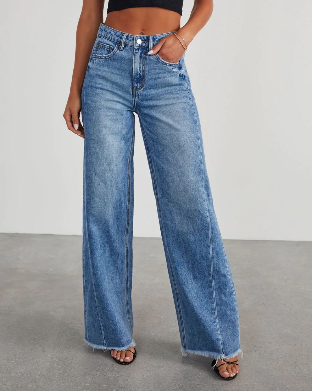 Willluxe® Loose Wide Leg Raw Hem Jeans
