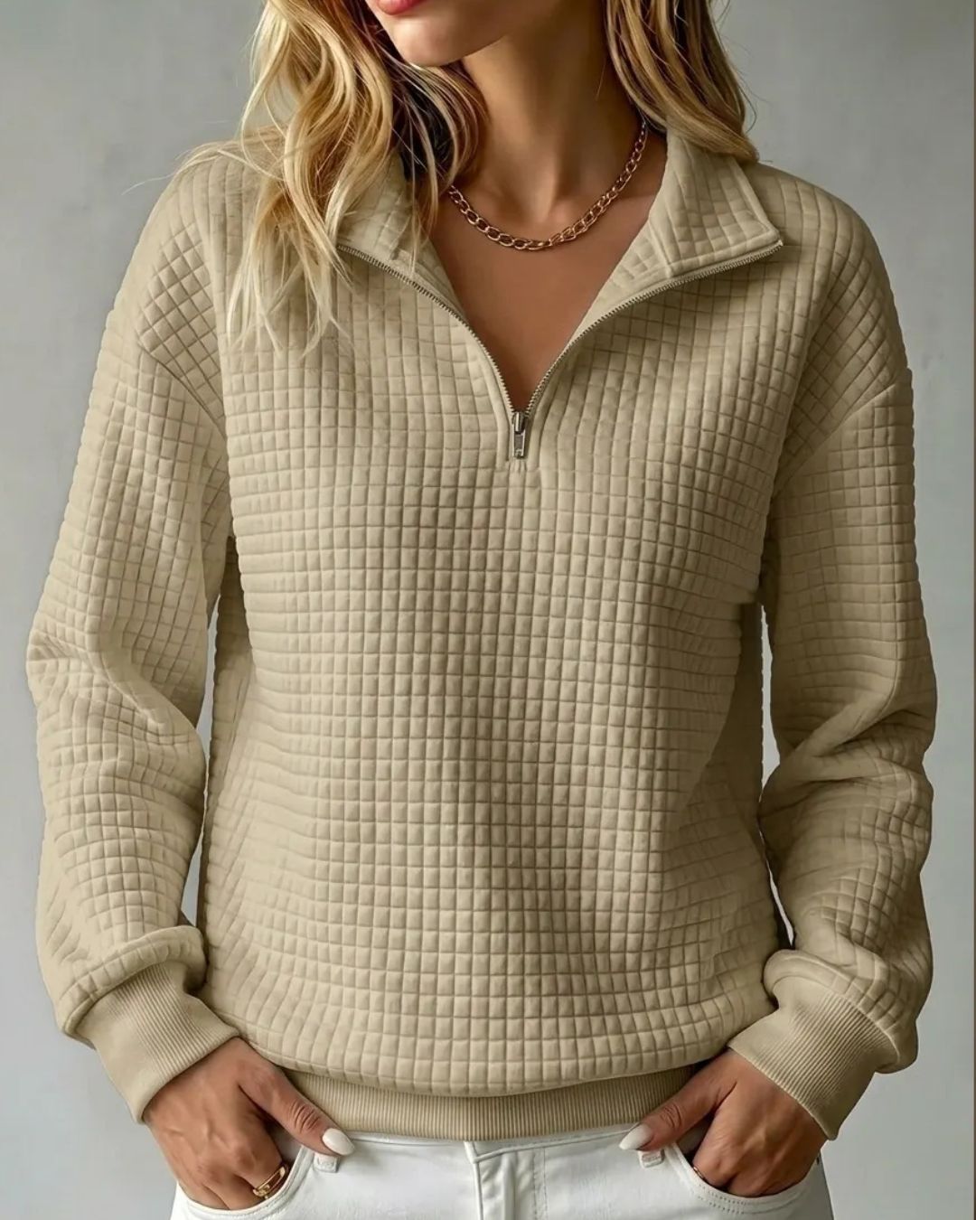 Willluxe® Soft Waffle Knit Stand Collar Zip-Up Sweatshirt