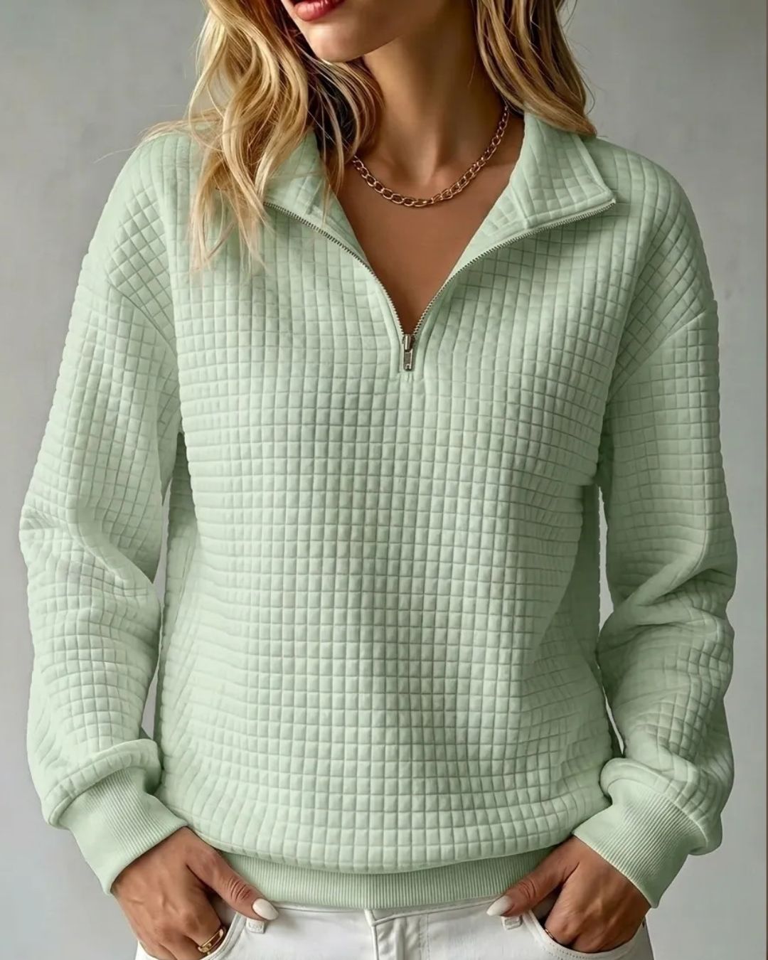 Willluxe® Soft Waffle Knit Stand Collar Zip-Up Sweatshirt