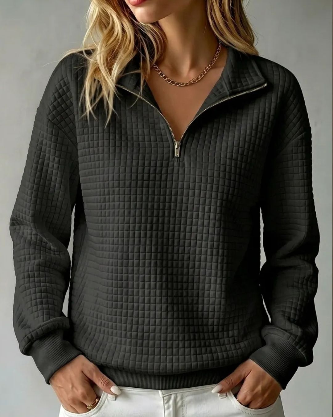 Willluxe® Soft Waffle Knit Stand Collar Zip-Up Sweatshirt