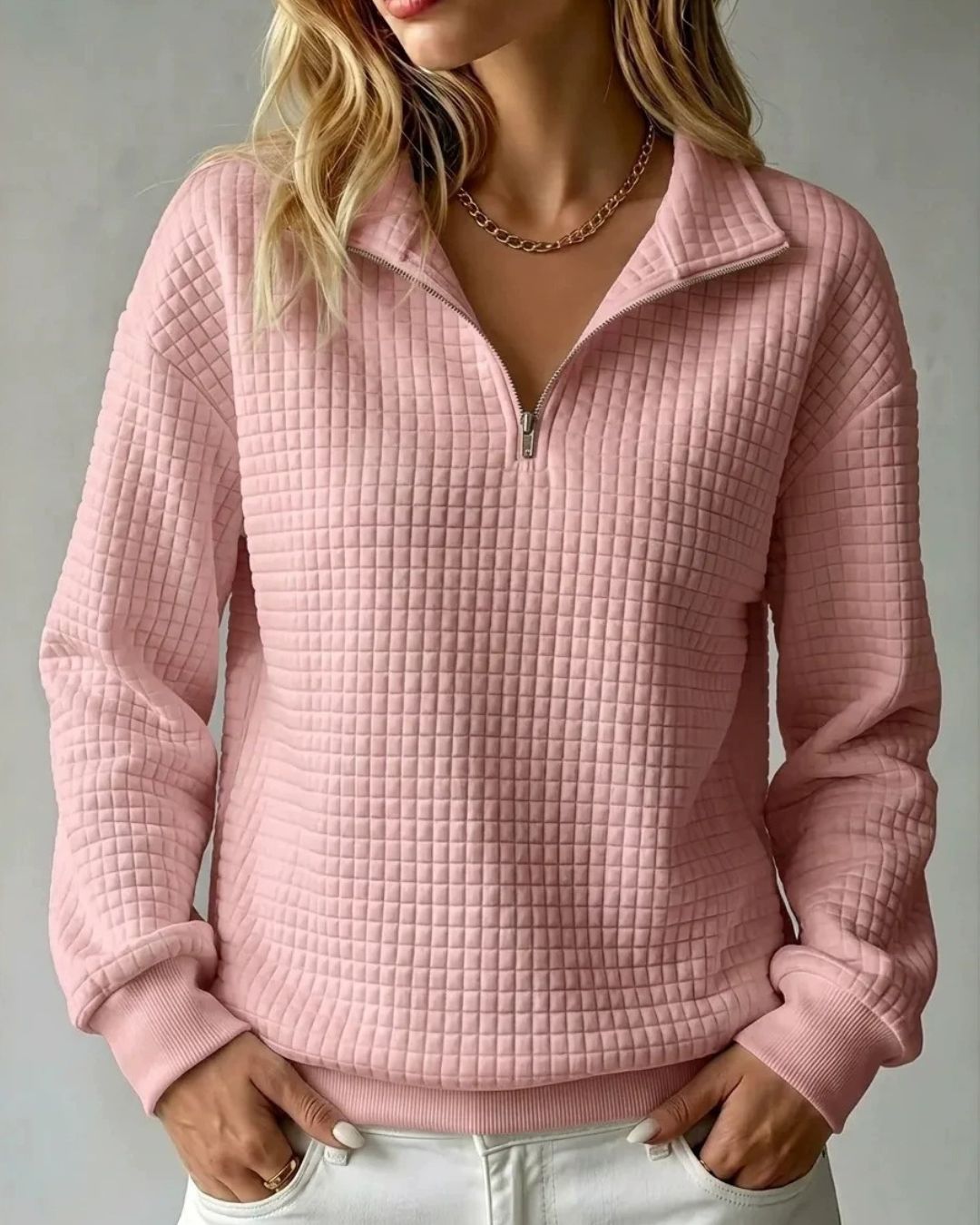 Willluxe® Soft Waffle Knit Stand Collar Zip-Up Sweatshirt