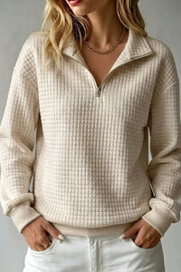 Willluxe® Soft Waffle Knit Stand Collar Zip-Up Sweatshirt
