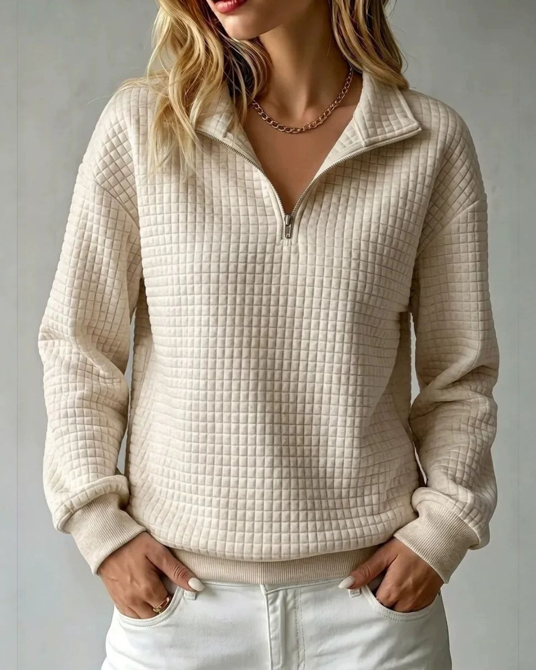 Willluxe® Soft Waffle Knit Stand Collar Zip-Up Sweatshirt