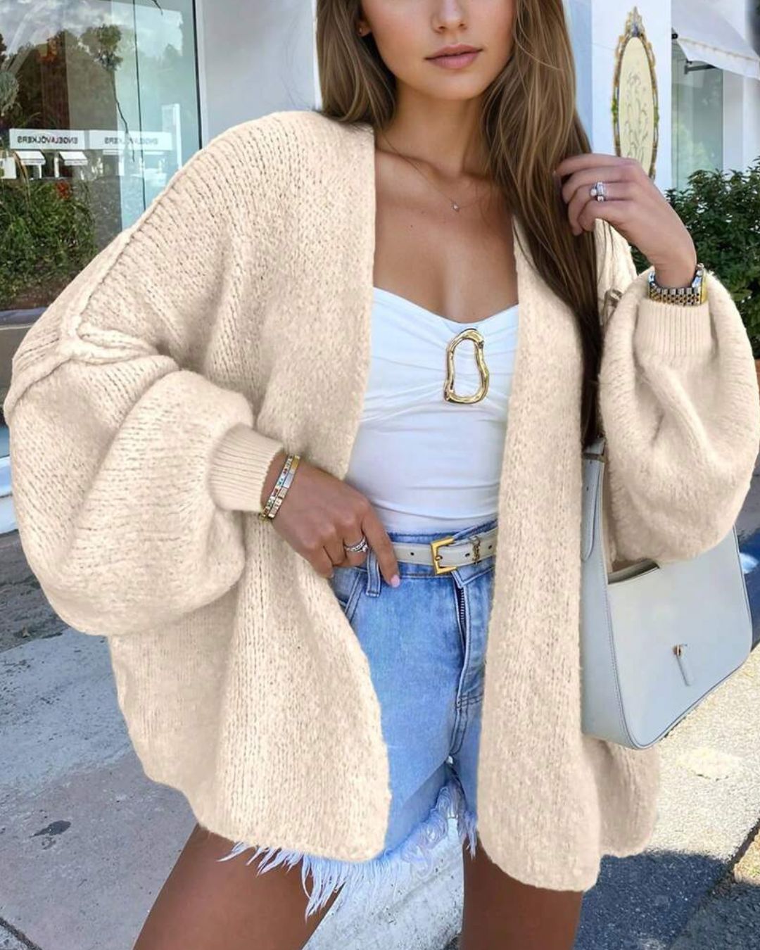 Willluxe® Oversized Lantern Sleeve Knit Cardigan Sweater