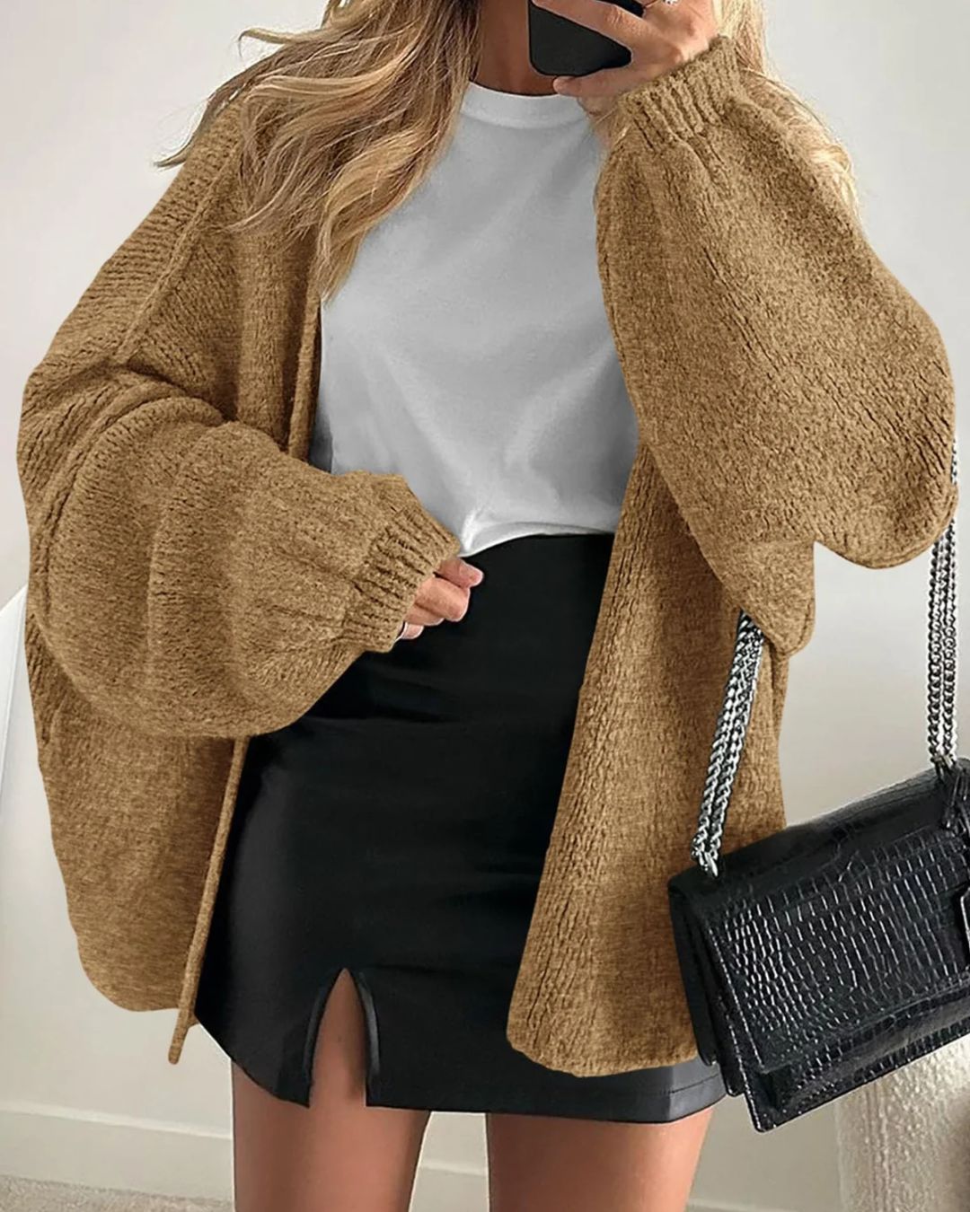 Willluxe® Oversized Lantern Sleeve Knit Cardigan Sweater