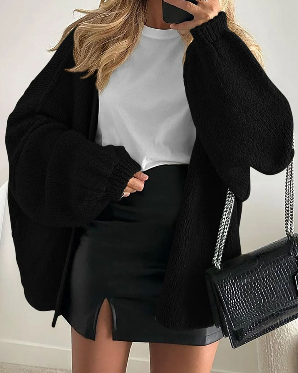 Willluxe® Oversized Lantern Sleeve Knit Cardigan Sweater
