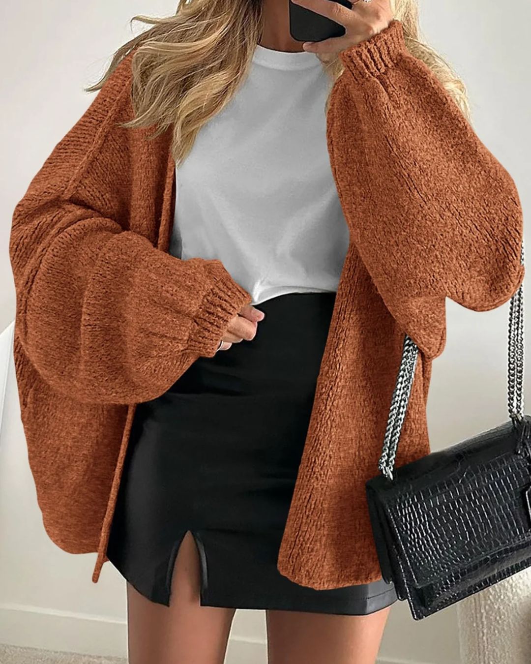 Willluxe® Oversized Lantern Sleeve Knit Cardigan Sweater